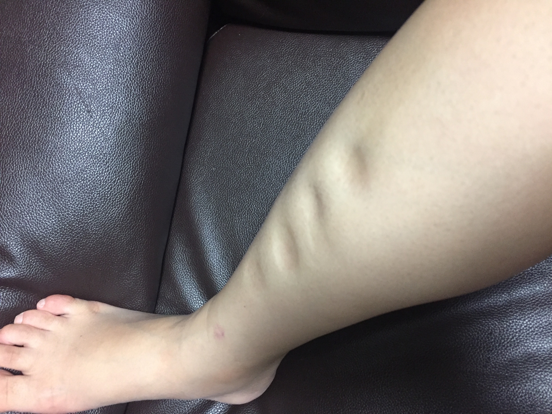 脚のむくみが気になり、ふくらはぎをマッサージする女性