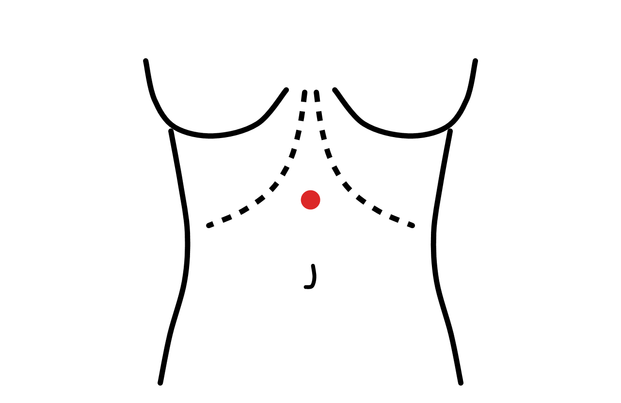 肩こりに効くお腹のツボ。みぞおちとへその中点にある中脘の位置を示した図